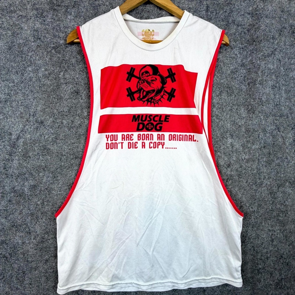 Muscle Dog Tank Top Mens White Red Graphic Print No Pain No Gain Quote Workout